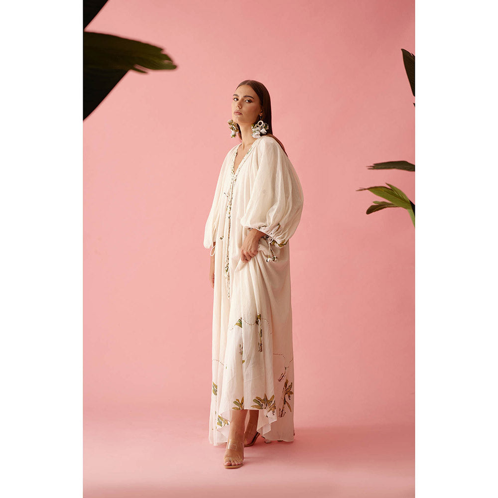 Nikasha Cream Handwoven Jamdani Cotton Bubble Sleeves Maxi Dress