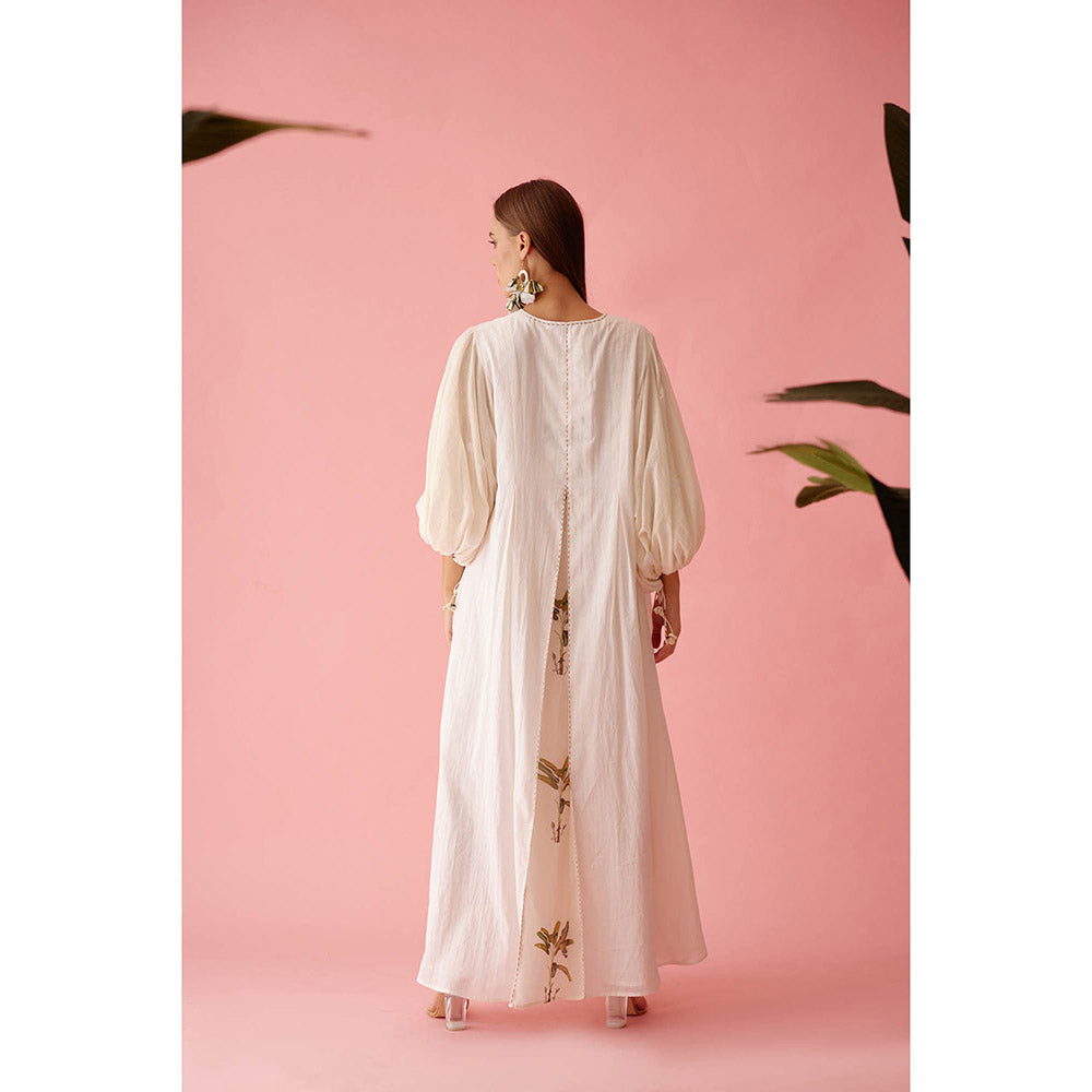 Nikasha Cream Handwoven Jamdani Bubble Sleeves A-Line Maxi Dress