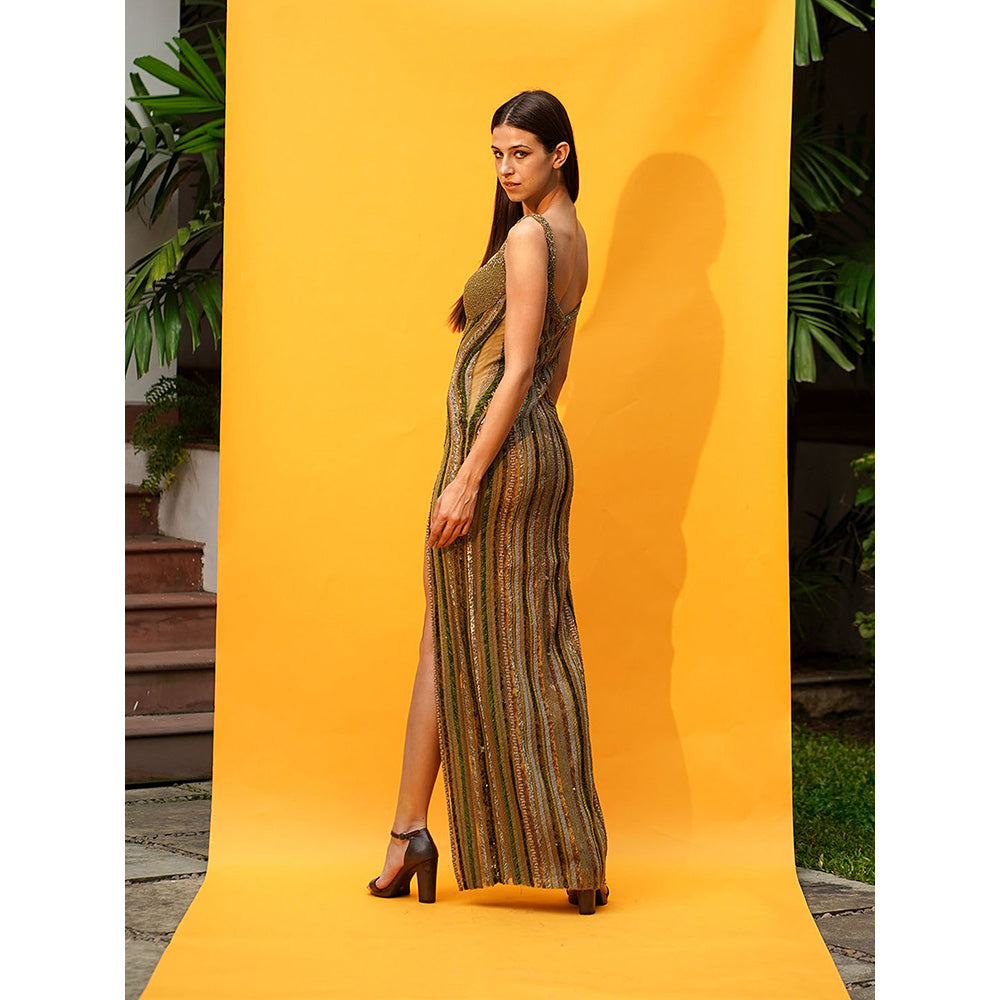Nikita Mhaisalkar Tulle African Baroque Hand Embroidered Dress with Slit
