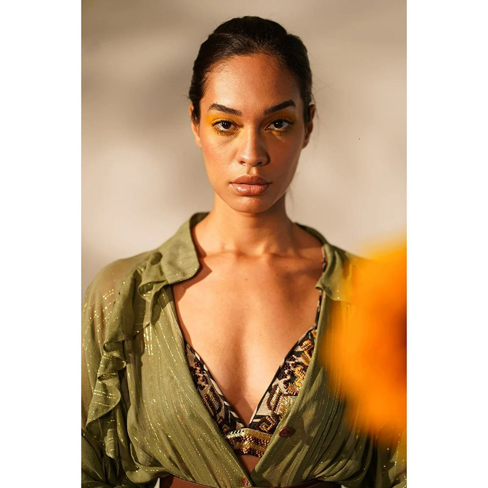 Nikita Mhaisalkar Green Lurex Short Dress with Inner (Set of 3)