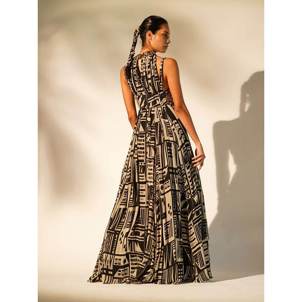 Nikita Mhaisalkar Black Abstract Print Halter Neck Maxi
