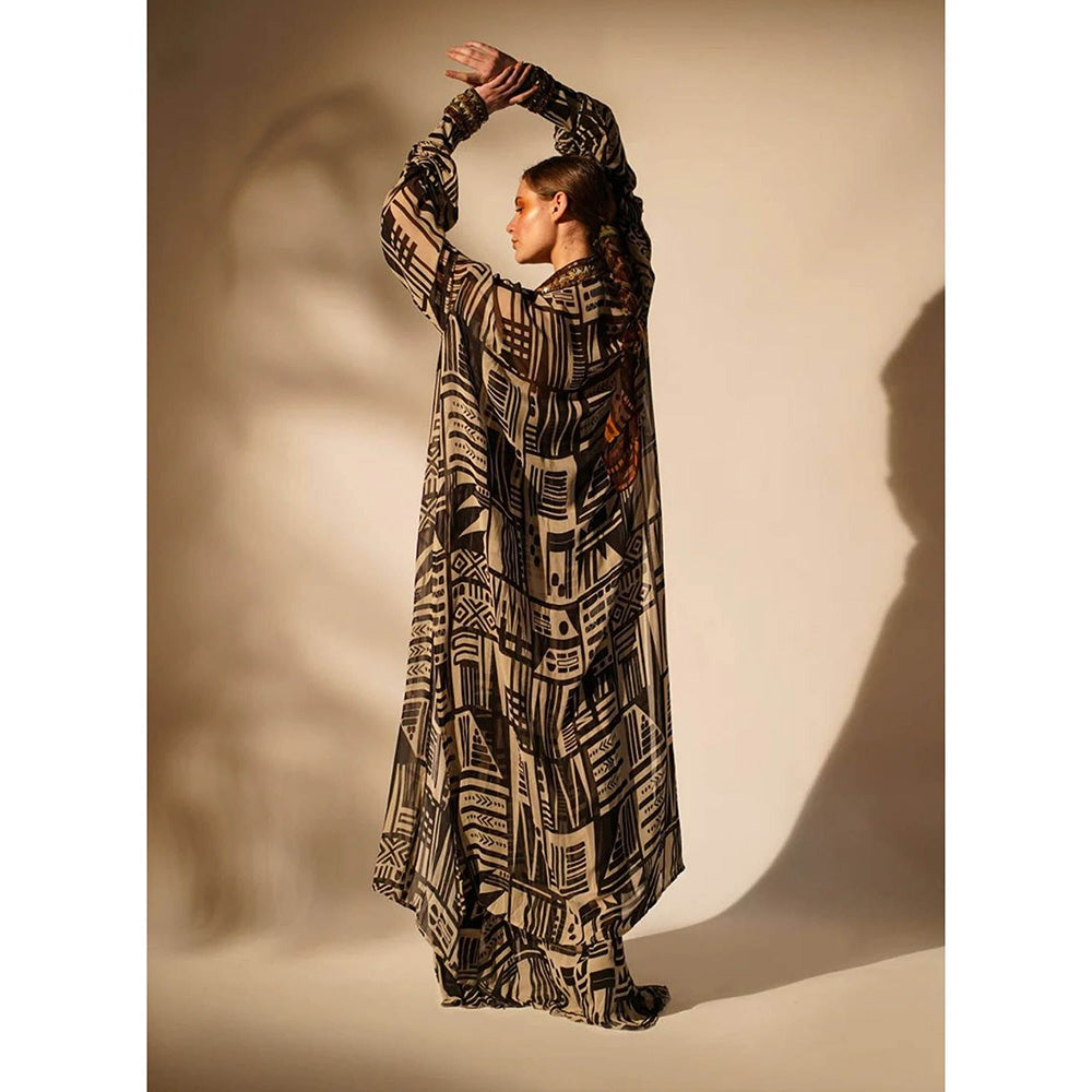 Nikita Mhaisalkar Black Base Maxi and Jacket with Hand Thread and Wooden (Set of 2)