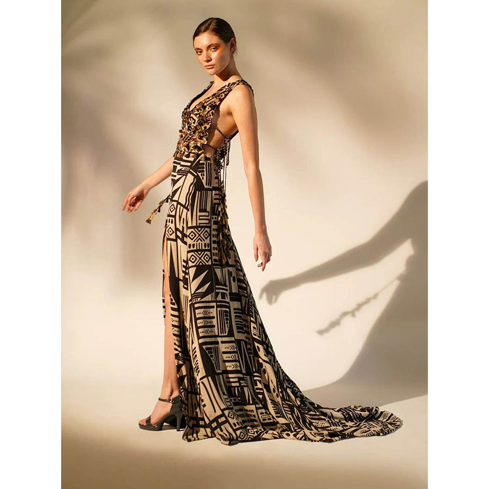 Nikita Mhaisalkar Black Abstract Print with Hand Thread and Wooden Embellishment