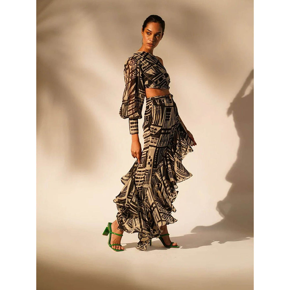 Nikita Mhaisalkar Black Base Abstract Print Ruffle Skirt with Belt (Set of 2)