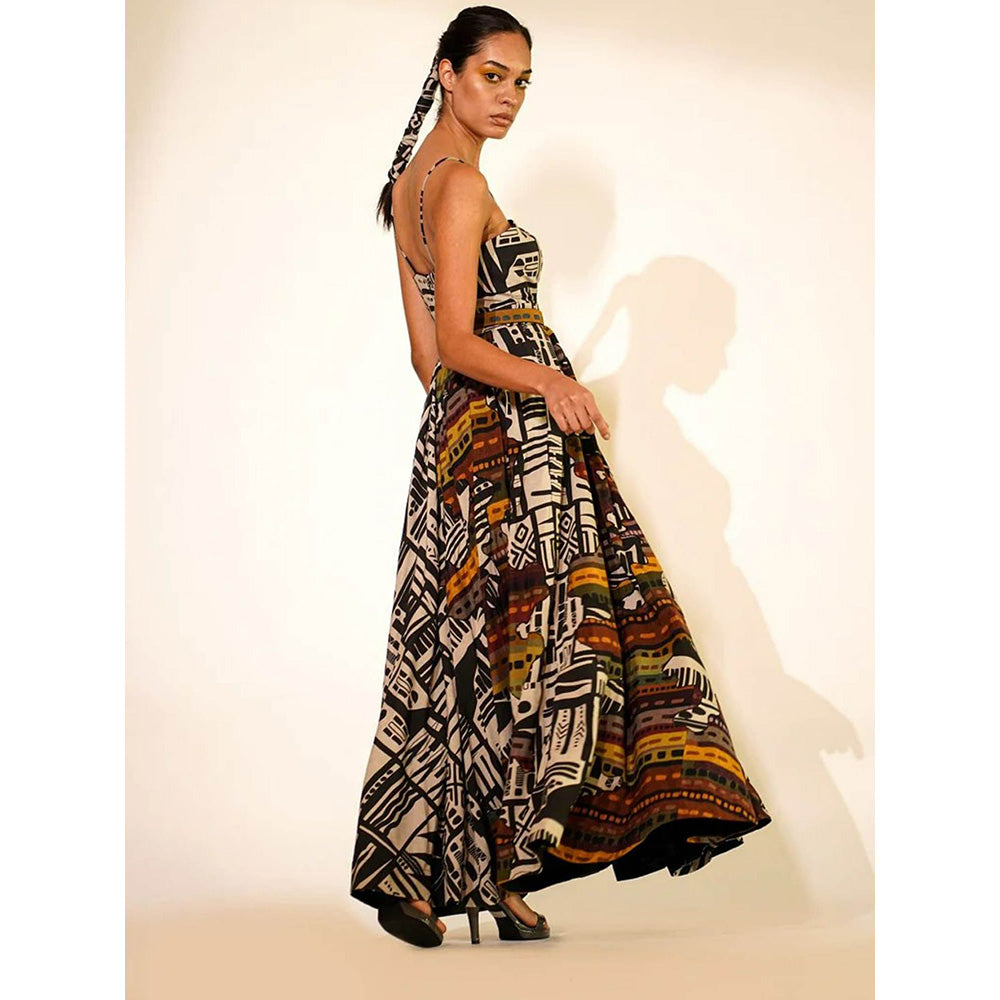 Nikita Mhaisalkar Black Abstract Print Long Dress (Set of 2)