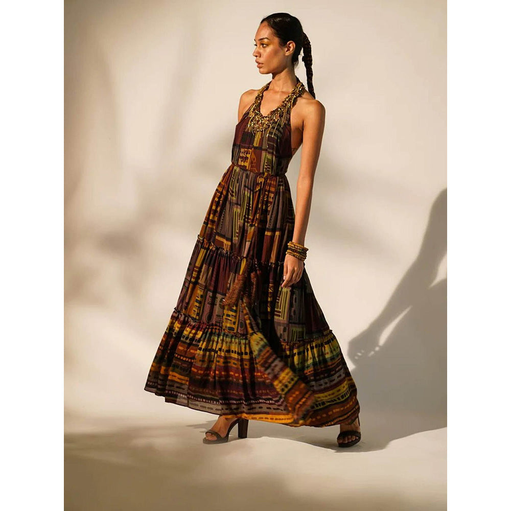 Nikita Mhaisalkar Multicolour Abstract Print Maxi with Hand Baroque in Metallic (Set of 2)