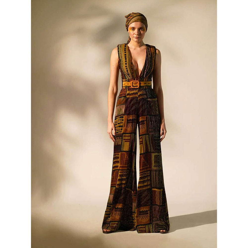 Nikita Mhaisalkar Multicolour Abstract Print Jumpsuit with Belt (Set of 2)