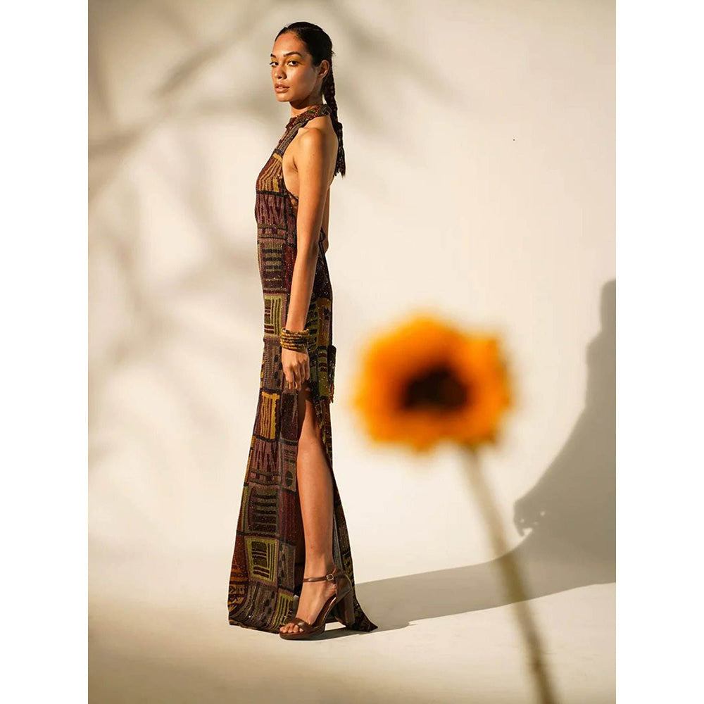 Nikita Mhaisalkar Multicolour Abstract Print Mandarin Neck Gown with Hand Baroque in Metallic