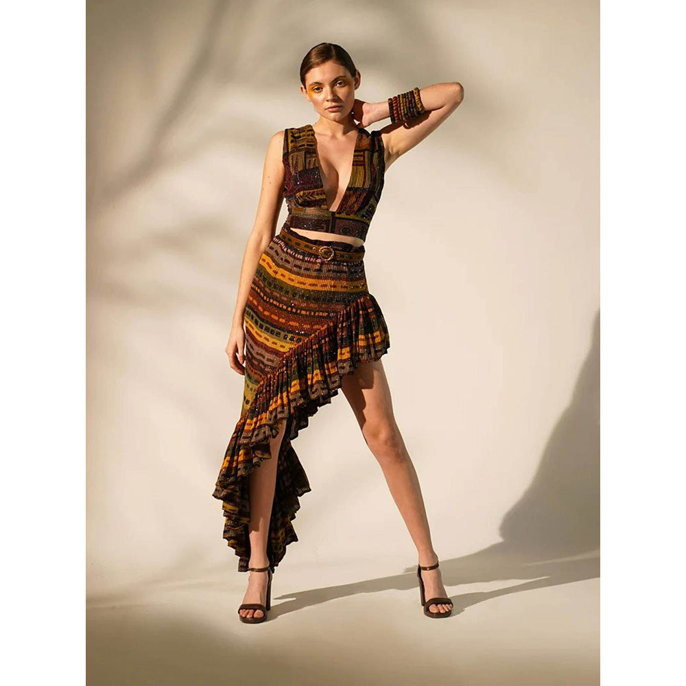 Nikita Mhaisalkar Multicolour Stripe Print Ruffle Skirt with Belt (Set of 2)