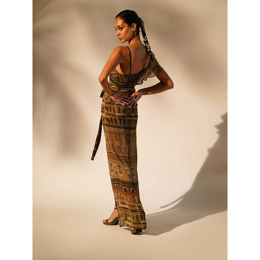 Nikita Mhaisalkar Green Aztec Print Drape Dress (Set of 2)