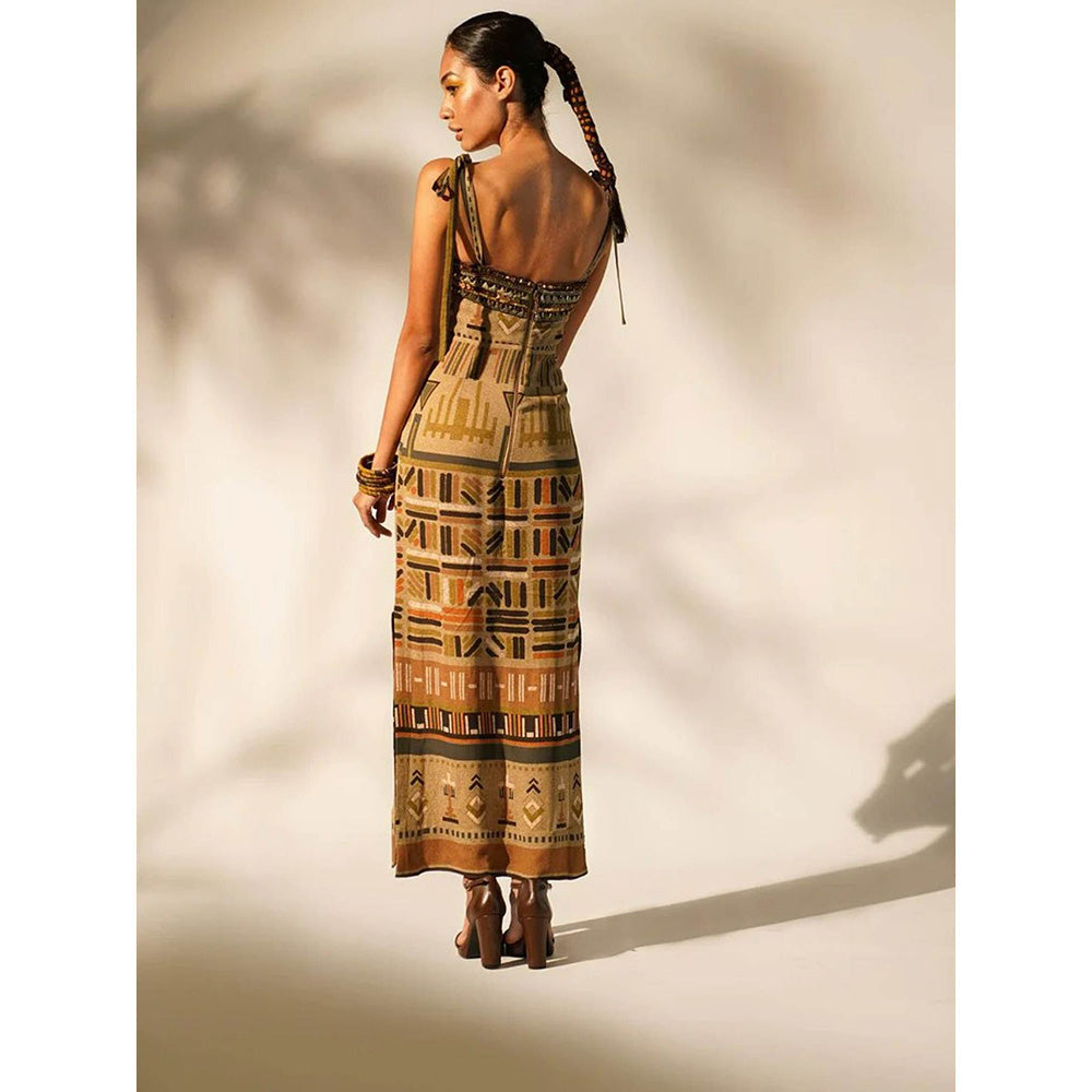 Nikita Mhaisalkar Green Aztec Tube Dress with Hand Thread and Wooden Embellishment