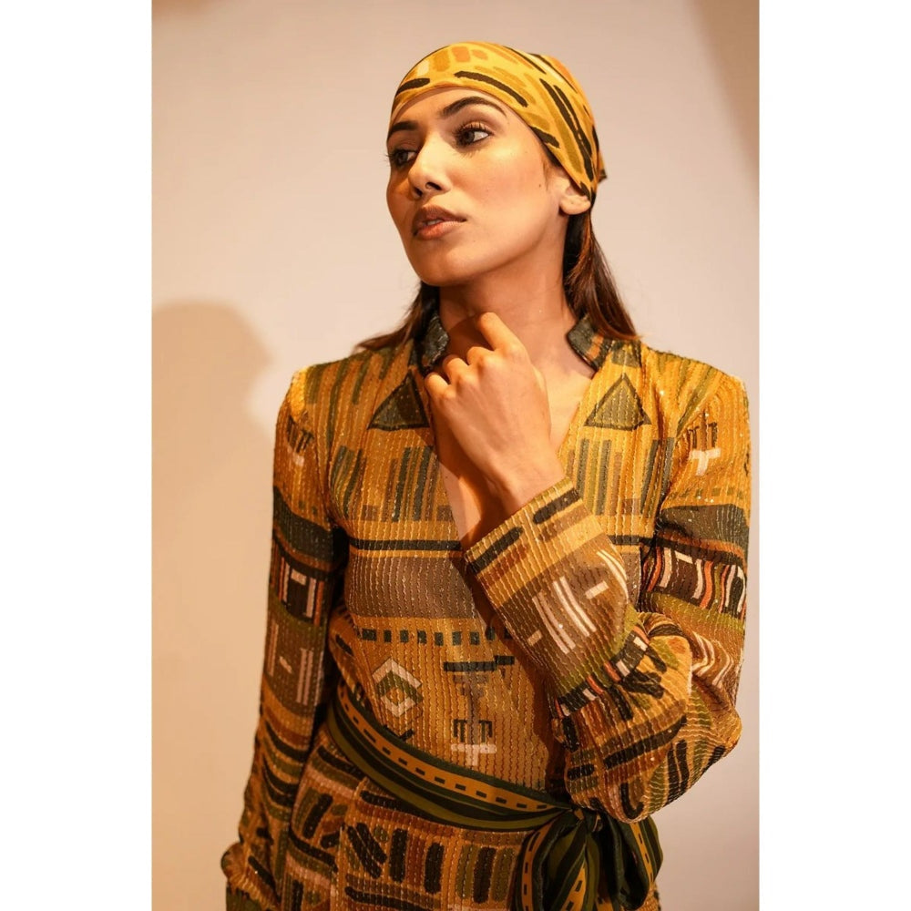 Nikita Mhaisalkar Mustard Aztec Print Maxi with Belt (Set of 2)