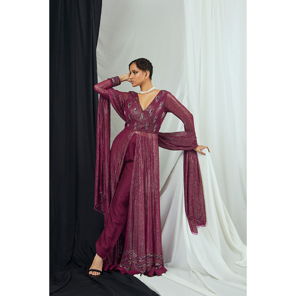 Nirmooha Ruby Hand Embroidered Lurex Front Slit Anarkali with Pants and Dupatta (Set of 3)