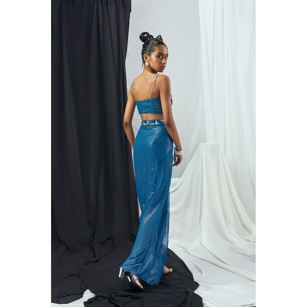 Nirmooha Jade Blue Embroidered Bralette with Draped Dhoti Skirt and Printed Cape (Set of 3)