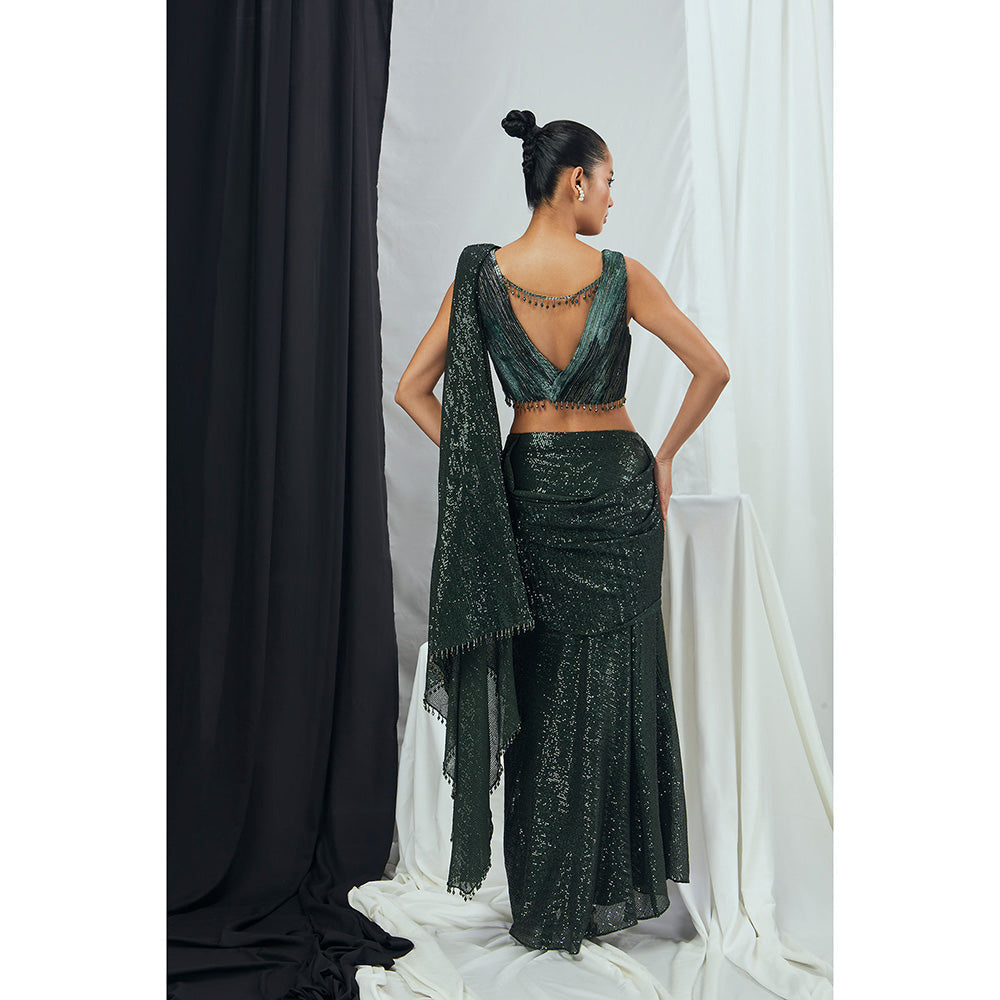 Nirmooha Pre-Draped Emerald Sequin Saree with Ruched Stitched Blouse
