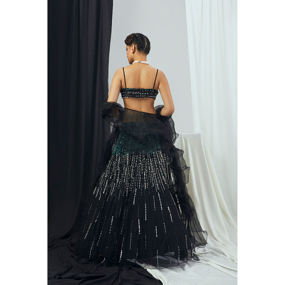 Nirmooha Carbon Hand Embroidered Draped Bralette with Lehenga and Dupatta (Set of 3)