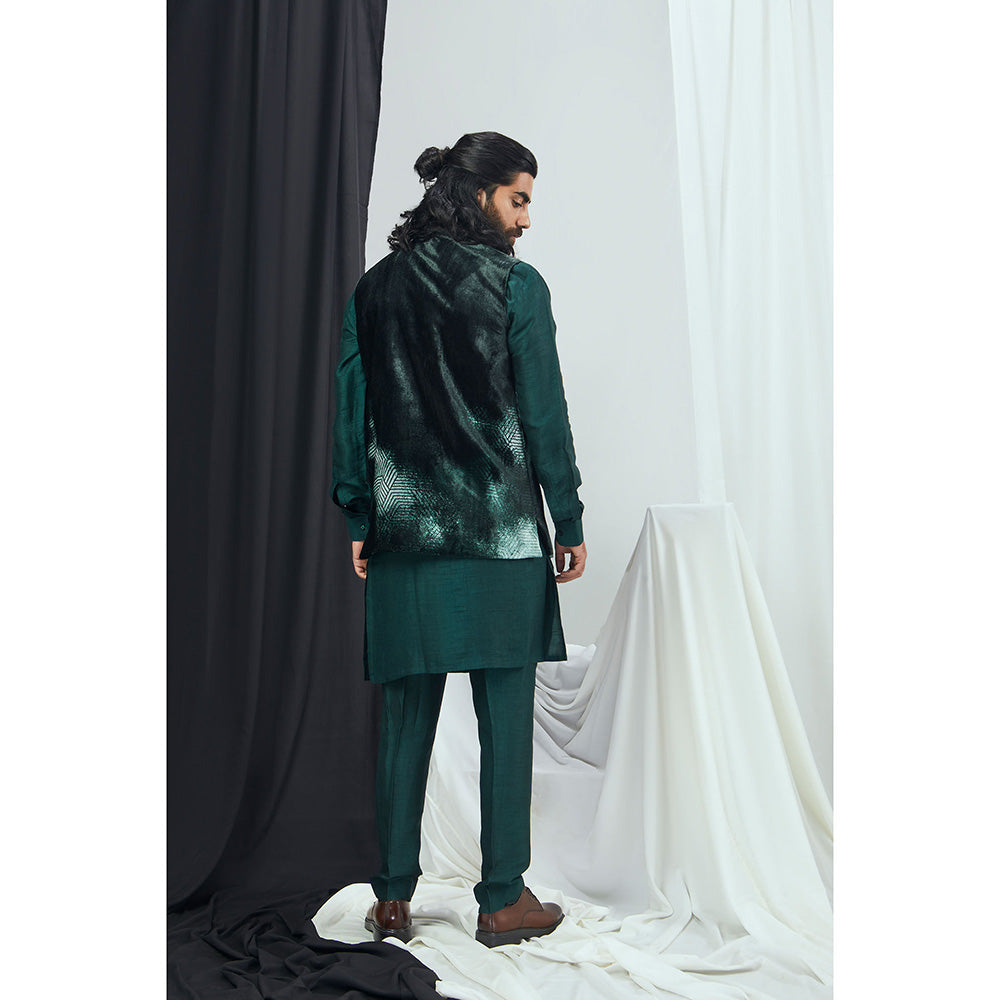 Nirmooha Emerald Nokia Silk Kurta with Pant and Blotch Printed Velvet Bandi (Set of 3)