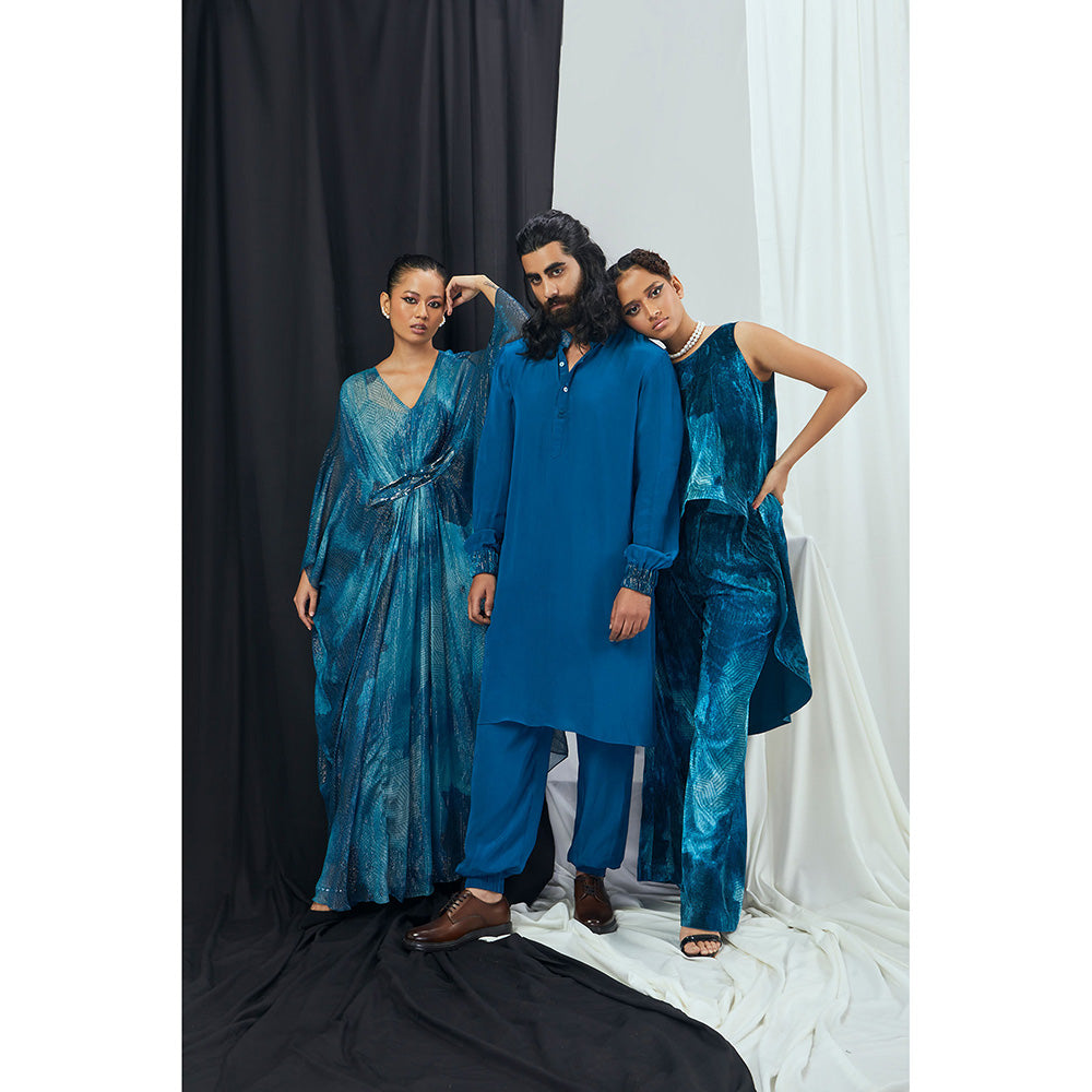 Nirmooha Jade Blue Kurta with Pant and Cuff Detailing (Set of 2)
