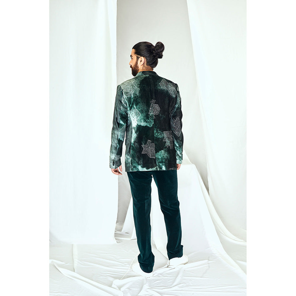 Nirmooha Emerald Blotched Printed Velvet Blazer with Hand Embroidery
