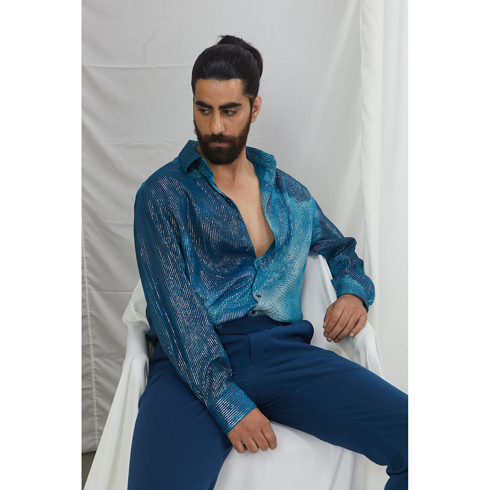 Nirmooha Jade Blue Lurex Blotch Printed Shirt with Lining