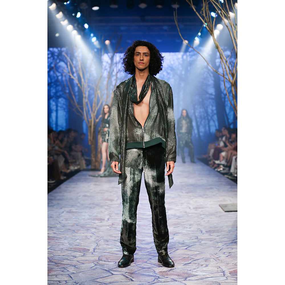 Nirmooha Emerald Printed Lurex Bomber Jacket with Hand Embroidery
