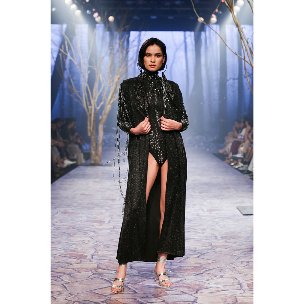 Nirmooha Black Simmer Sleeveless Overlays with Hand Embellished Tassels