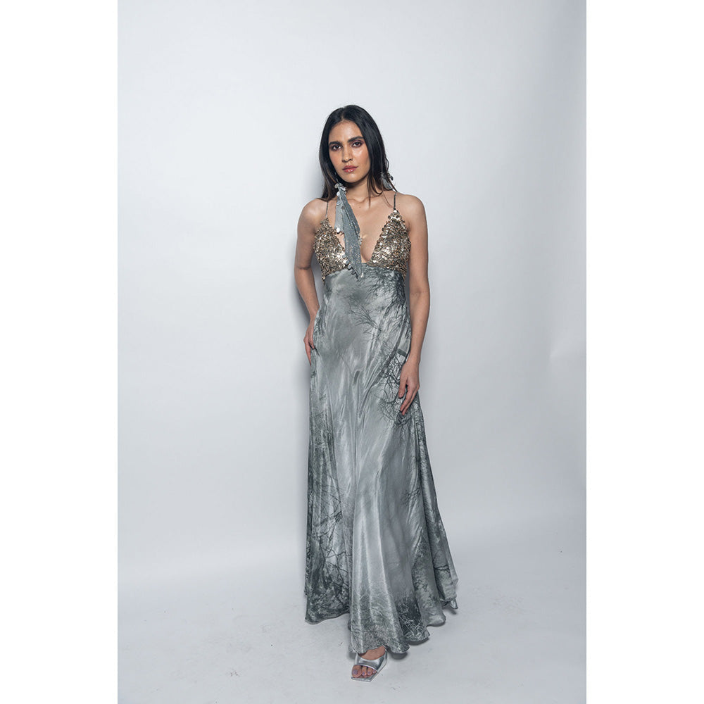 Nirmooha Printed Slip Dress with Plunge Neckline & Hand Embellished Grey