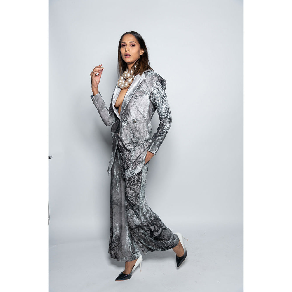 Nirmooha Printed Oversized Velvet Blazer Grey