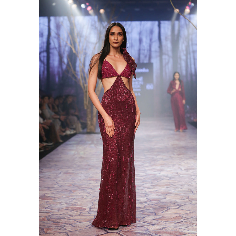 Nirmooha Sequin Gown with Hand Embellished & Tassel Detailing Purple