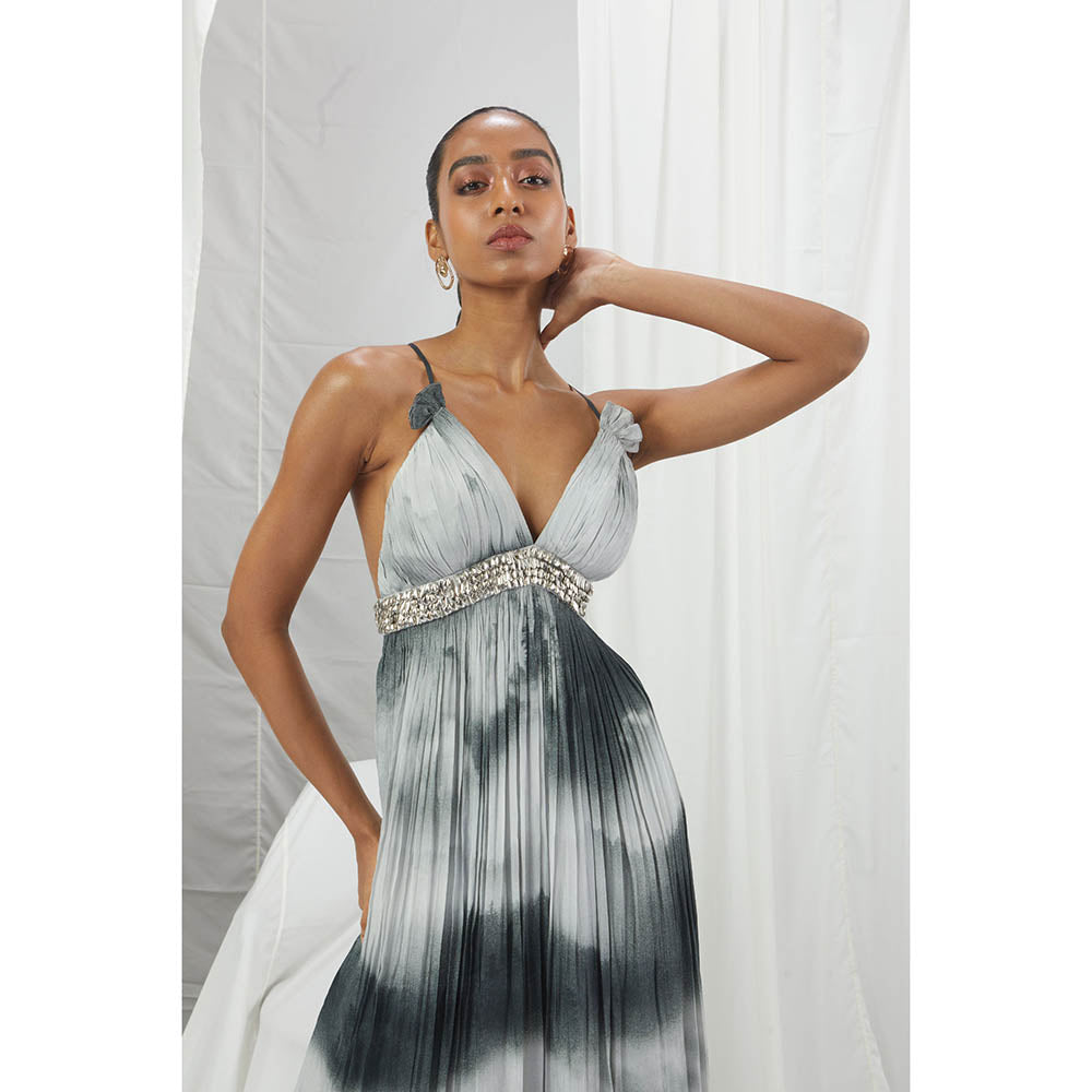 Nirmooha Landscape Printed Slip Dress with Plunging Neck & Hand Embellished Grey
