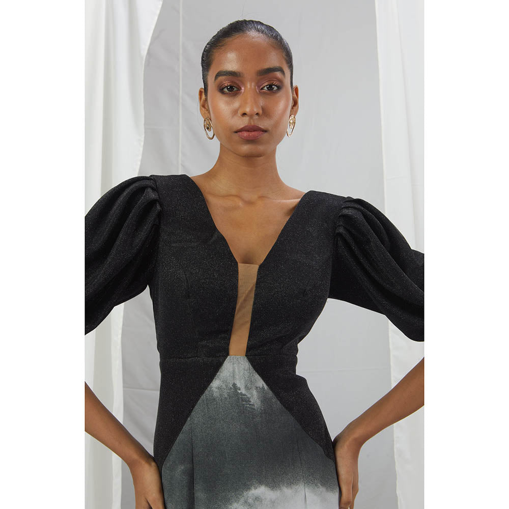 Nirmooha Shimmer V-Neck Dress with Landscape Printed Bottom & Balloon Sleeves Black