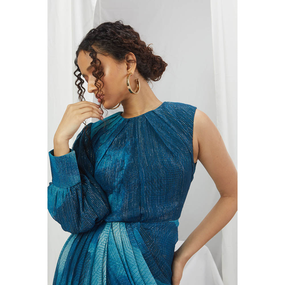 Nirmooha Jade Blue Blotched Printed Drape Maxi Dress with One Shoulder
