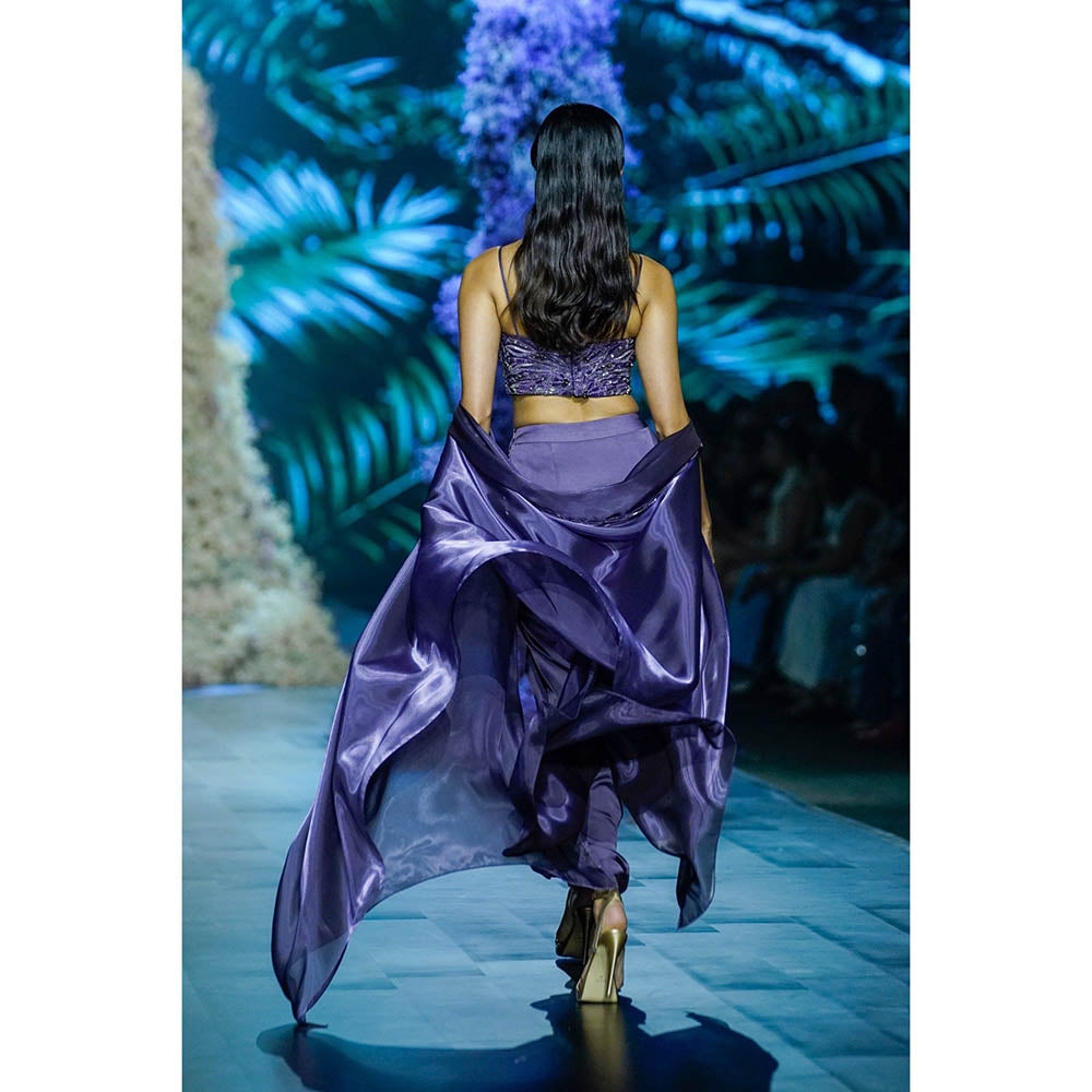 Nirmooha Deep Purple Embroidered Corset With Modal Satin Draped Skirt & Shrug (Set of 3)