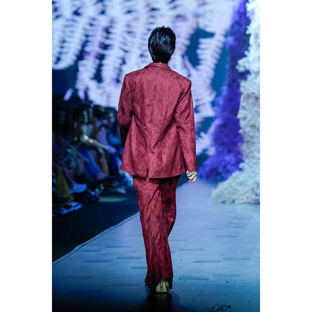 Nirmooha Maroon Chantilly Blazer With Satin Detailing Pants & Bralette (Set of 3)