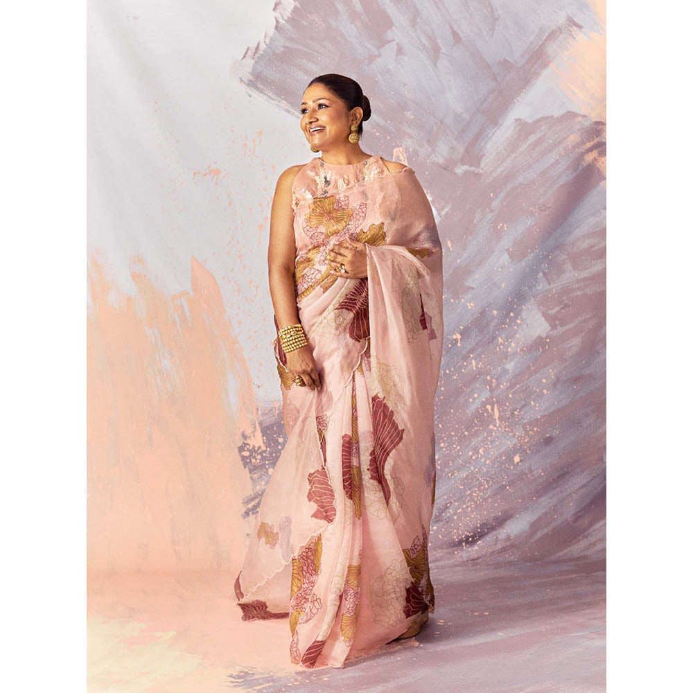 Nirmooha Floral Print Organza Saree With Sequined Stitched Blouse & Petticoat