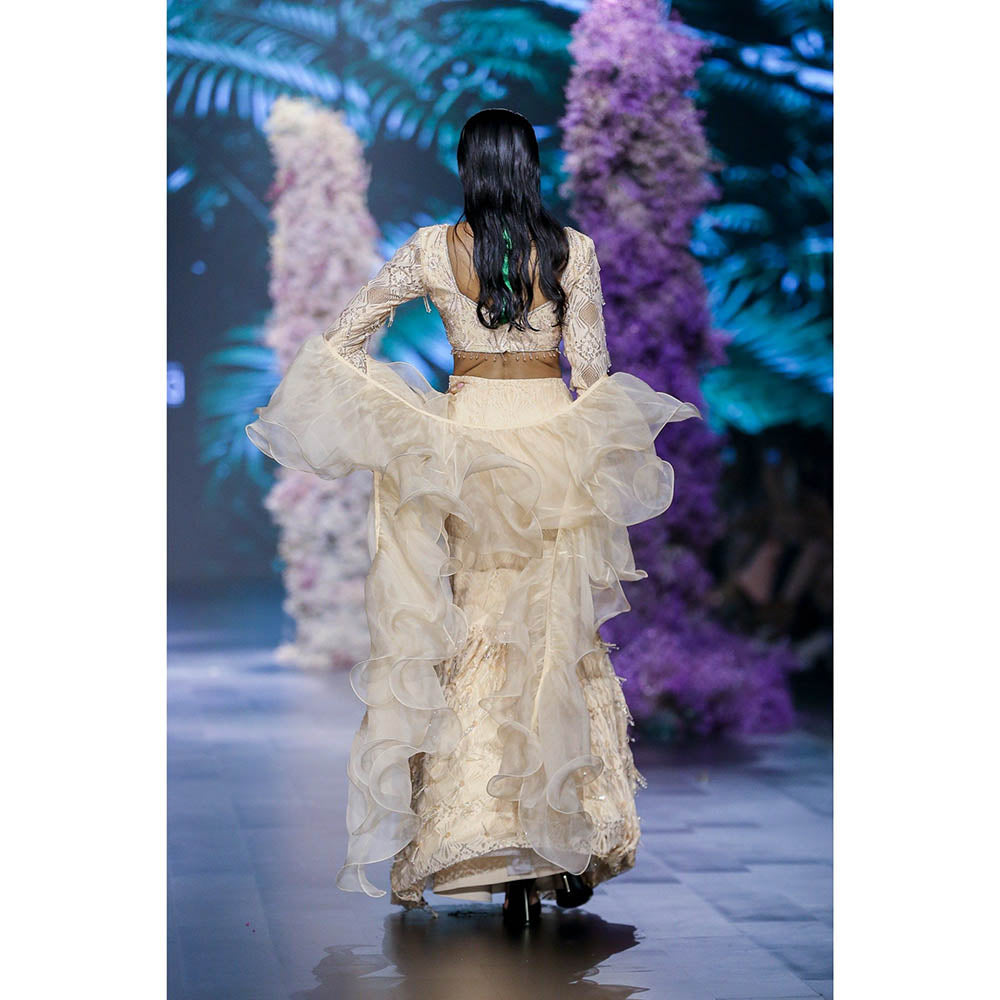 Nirmooha Peach Fuzz Chantilly Embroidered Blouse With Flared Skirt & Ruffle Dupatta (Set of 3)