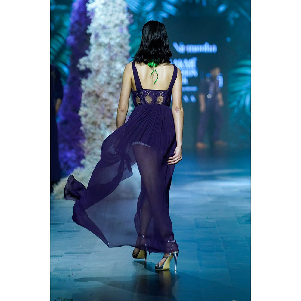 Nirmooha Deep Blue Chantilley Lace Corset Detail Gown with Slit