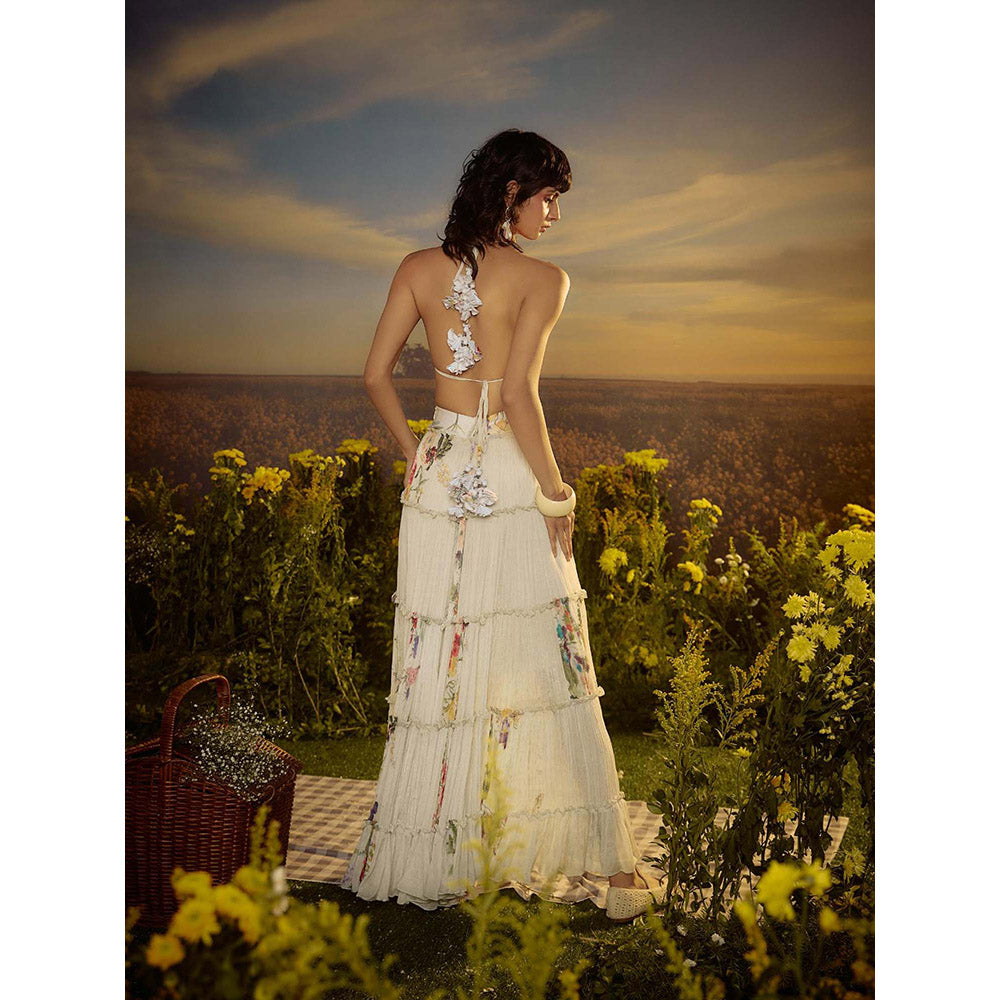 Nirmooha White Chiffon Blossom Tiered Bralette with Skirt (Set of 2)