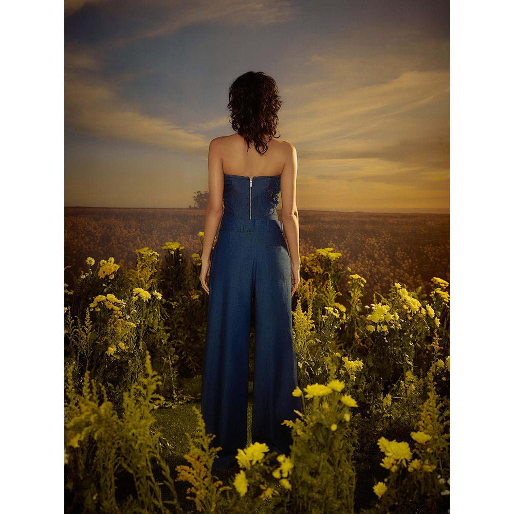 Nirmooha Blue Floral Embroidery Denim Ensemble Co-Ord (Set of 2)