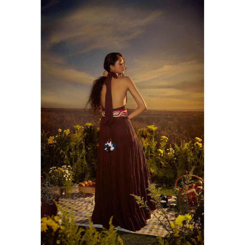 Nirmooha Brown Moonlit Majesty Dress with Belt (Set of 2)
