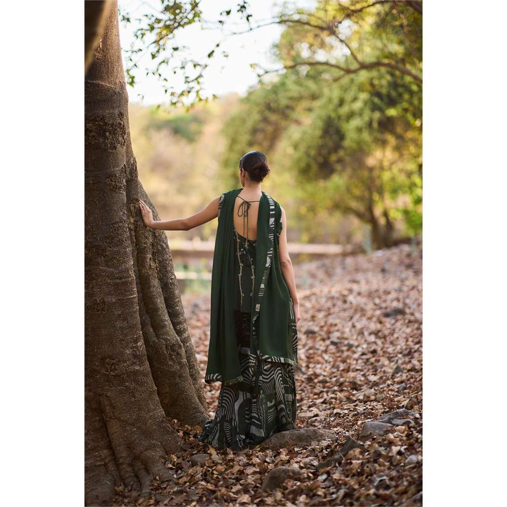 Nirmooha Green Vanguard Embroidered Kurti with Sharara and Dupatta (Set of 3)