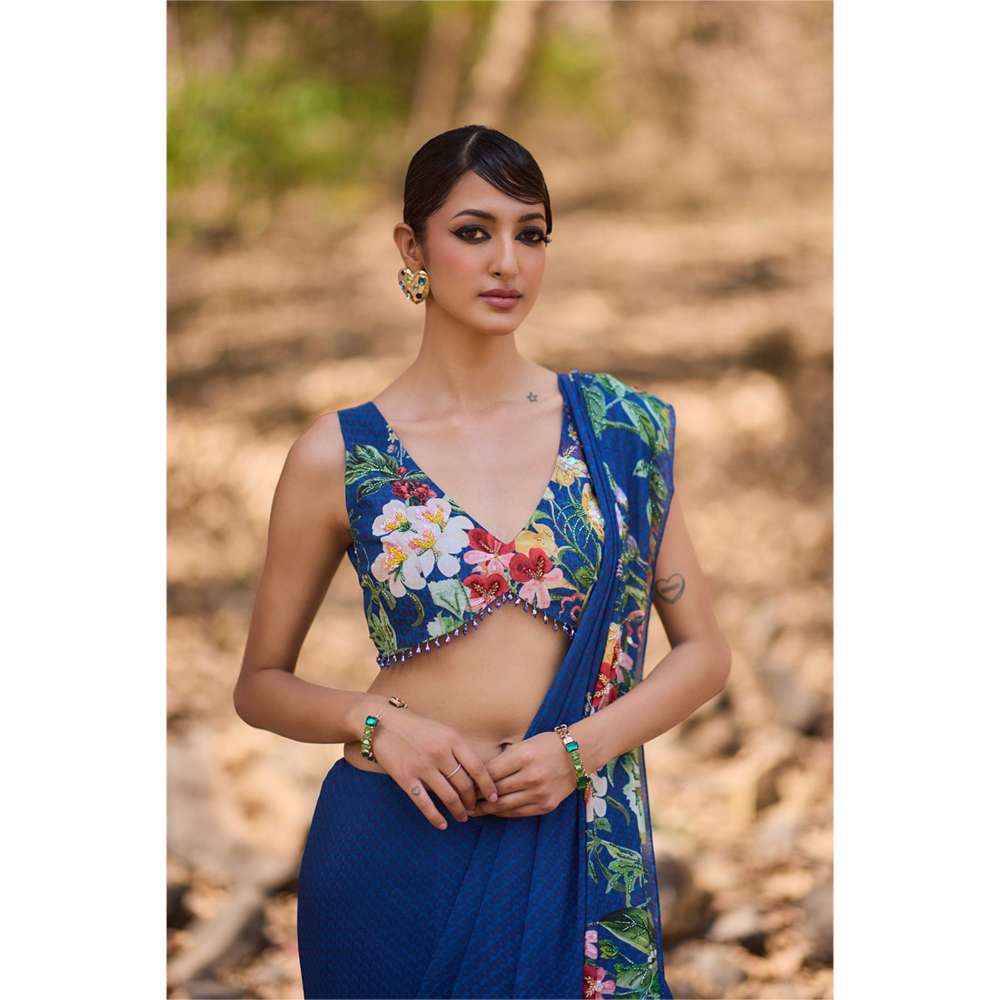 Nirmooha Blue Linear Luxe Floral Saree with Stitched Blouse and Petticoat