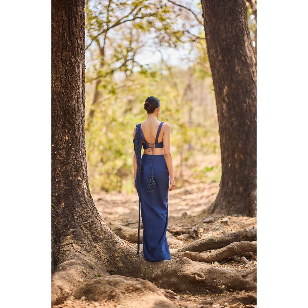 Nirmooha Denim Mirage Pre-Draped Saree with Stitched Blouse