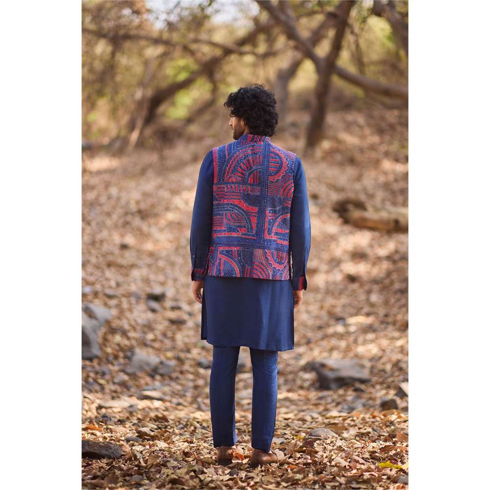 Nirmooha Blue Katha Bandi with Kurta and Pant (Set of 3)