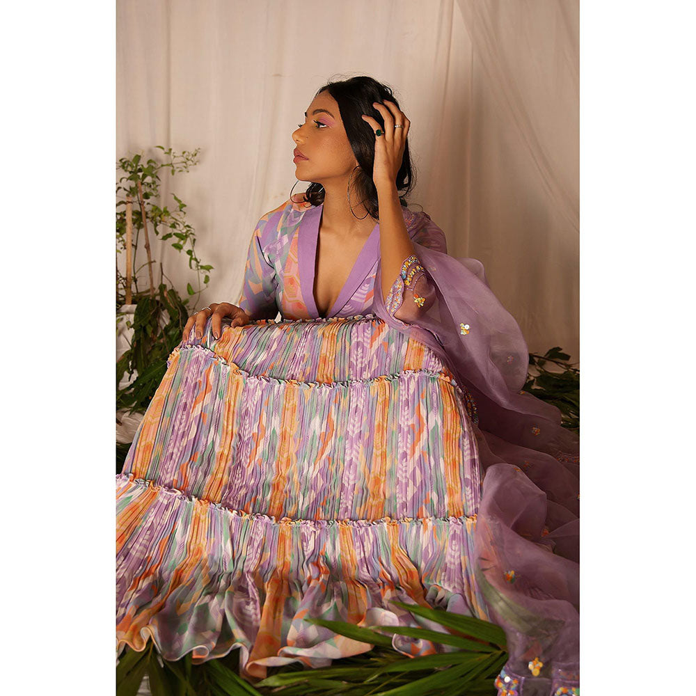 Nirmooha Purple Printed Blouse and Tiered Skirt with Embroidered Dupatta