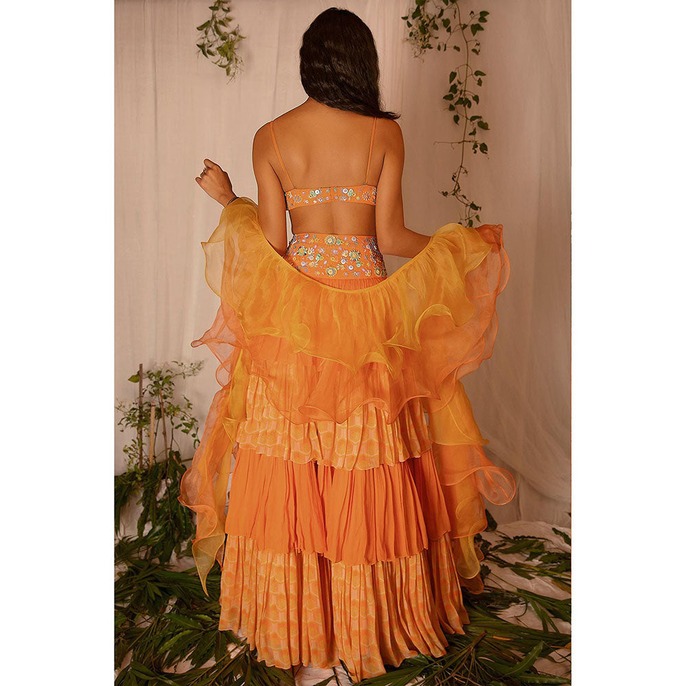 Nirmooha Orange Embellished Blouse with Hand Embroidered Lehenga and Ruffle Dupatta