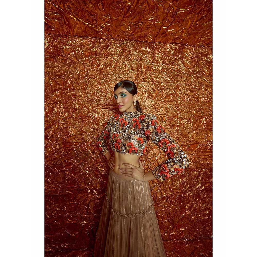 Nirmooha Orange Sunflower Embellished Blouse and Lehenga