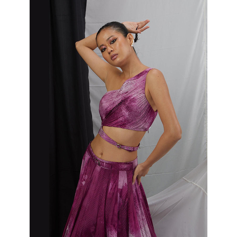 Nirmooha Wine One Shoulder Printed Blouse and Skirt