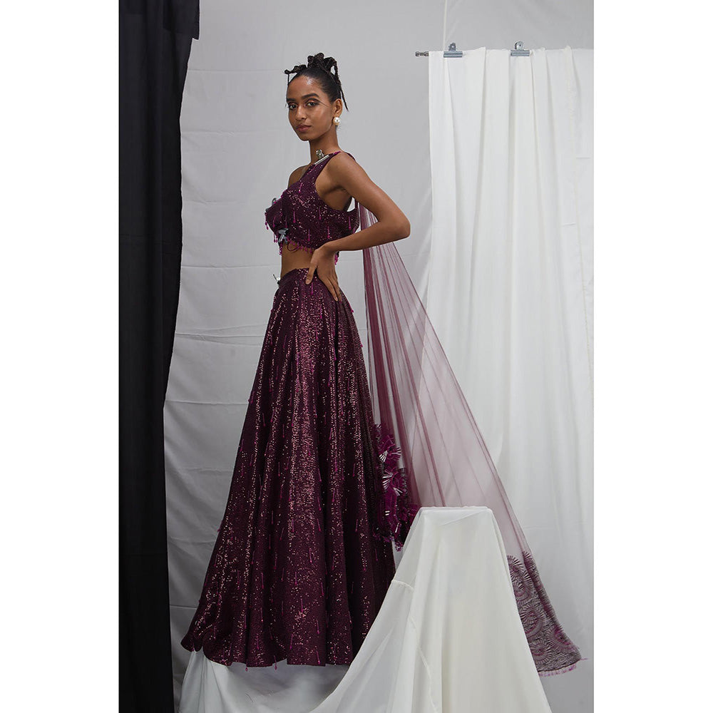 Nirmooha Burgundy Embellished One Shoulder Lehenga with Attached Dupatta