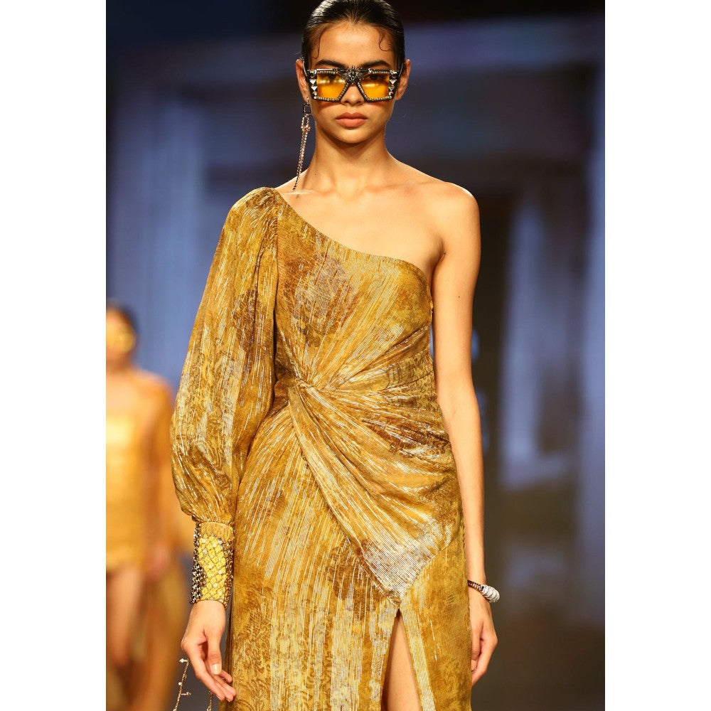 Nirmooha Gold One Shoulder Printed Maxi Dress